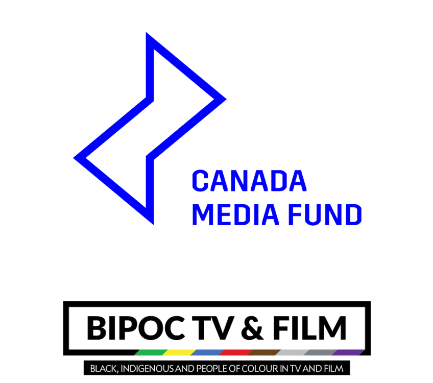 Two logos stacked vertically. Top: the Canada Media Fund logo, featuring a blue arrow-like chevron shape pointing right, beside the text 'CANADA MEDIA FUND' in bold blue capital letters. Bottom: the BIPOC TV & Film logo, with 'BIPOC TV & FILM' in bold black text inside a black-bordered rectangle, underlined by a multicolored stripe (green, yellow, blue, red, brown, gray, purple) and the tagline 'BLACK, INDIGENOUS AND PEOPLE OF COLOUR IN TV AND FILM' below in a black bar with white text.
