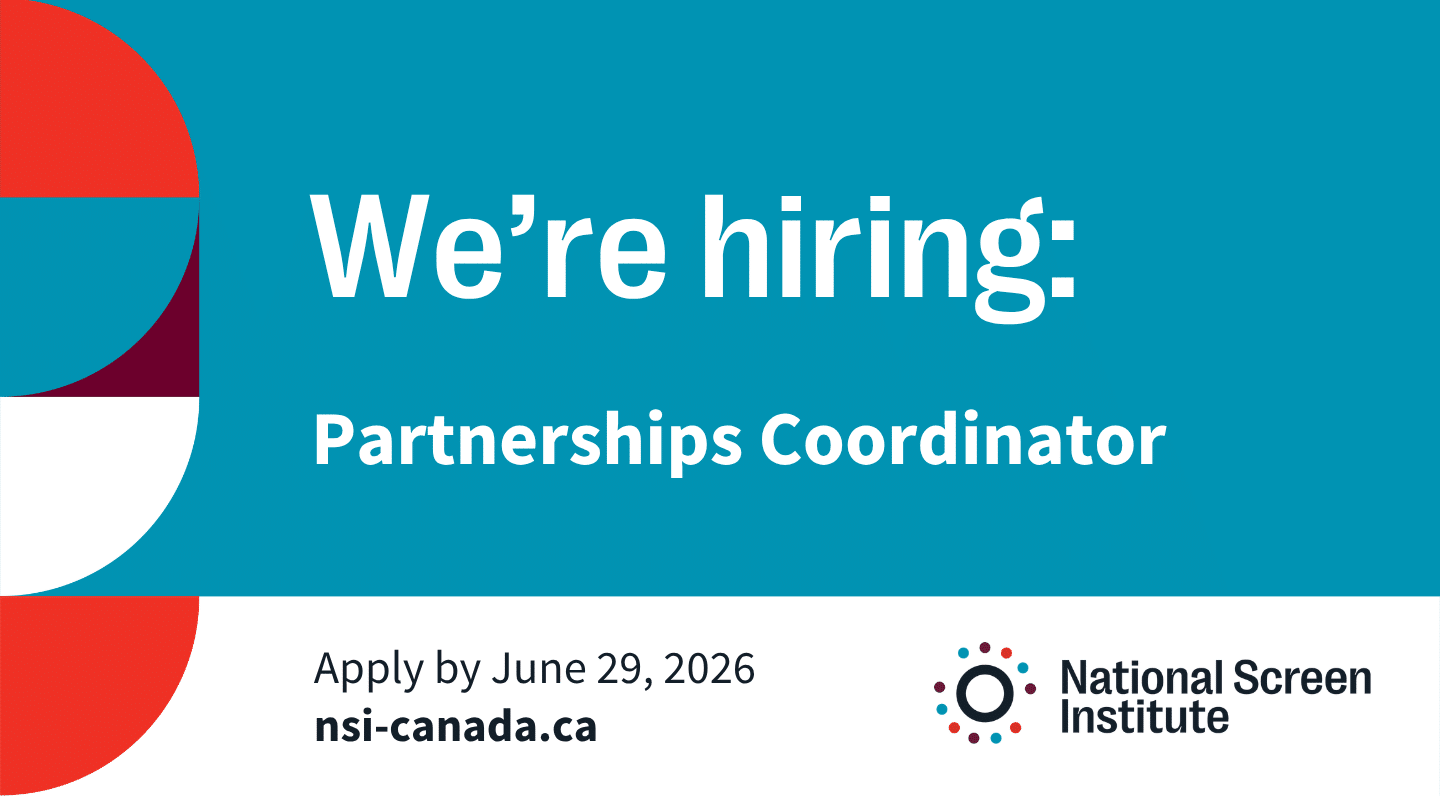 Graphic recruitment poster from the National Screen Institute. Large white text on a teal background reads, “We’re hiring: Partnerships Coordinator.” Decorative abstract shapes in red, teal, white, and burgundy appear along the left side. At the bottom, text reads, “Apply by June 29, 2026” and “nsi-canada.ca.” The National Screen Institute logo and name appear in the lower-right corner.