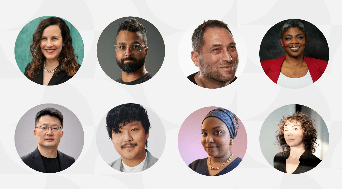 Collage of eight Access+ faculty headshots arranged in two rows of four on a light grey background with a subtle overlapping circular pattern. The group includes people of different genders and racial backgrounds, photographed individually against a variety of neutral and coloured backgrounds. Most are facing the camera, with expressions ranging from neutral to smiling. Each portrait is cropped into a large circle, creating a consistent grid across the graphic.