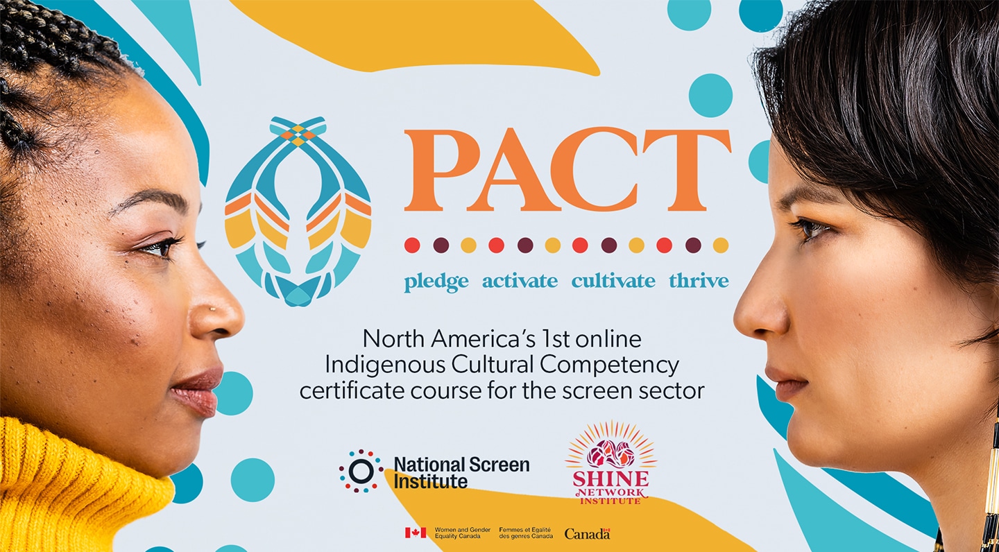 Two peoples' faces with coloured graphic background / PACT-course-Indigenous-screen-industry