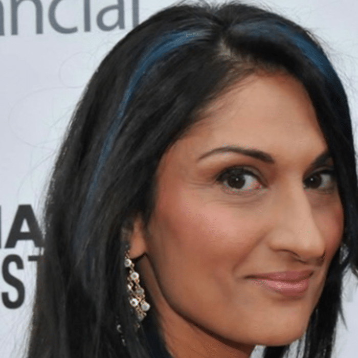 Nina Sudra side profile. Long black hair with a couple of blue streaks, long dangly earring.