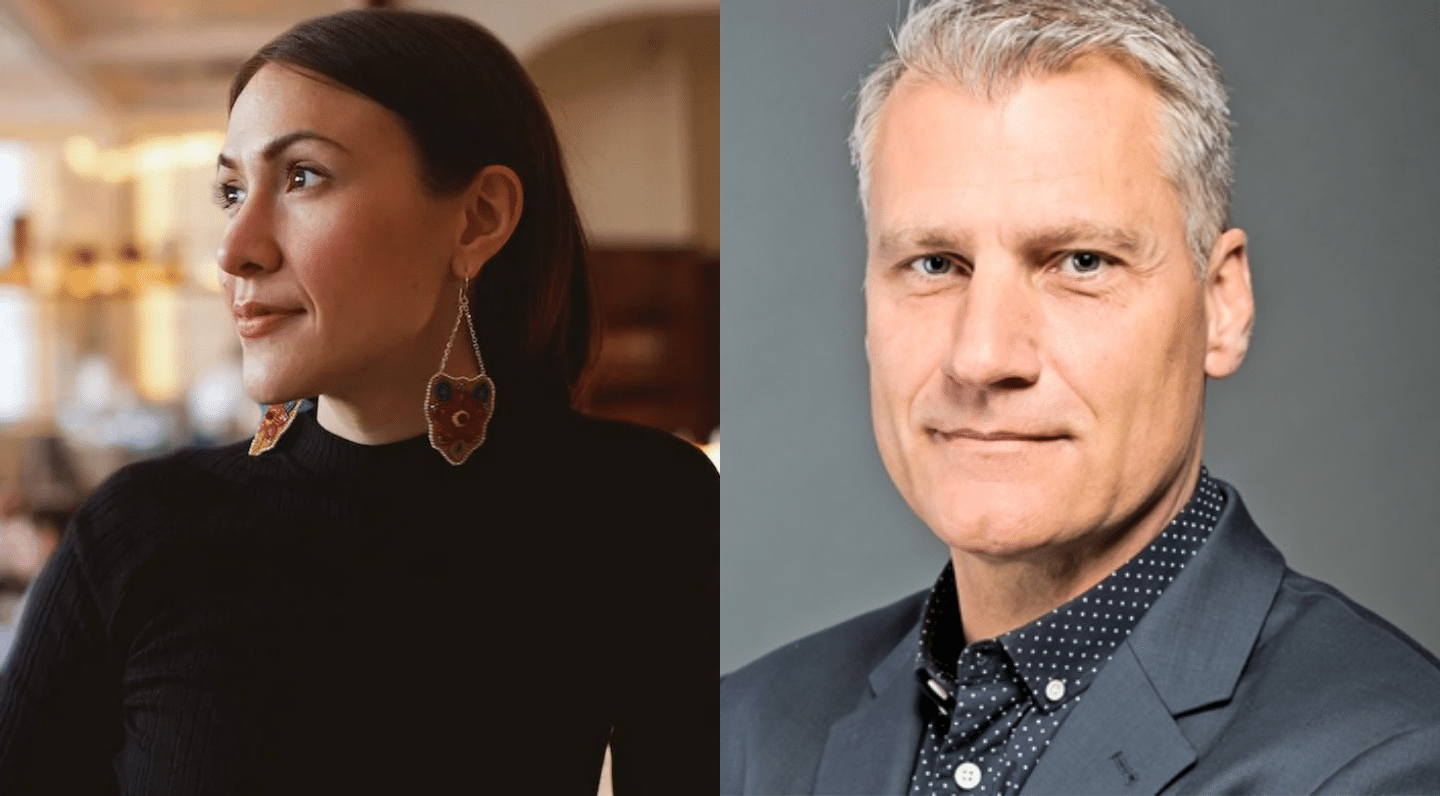 Left side of photo: An Indigenous person with long dark hair wearing a black sweater and colourful beaded earrings, looking to the side in an indoor setting with a blurred background. Right side of photo: A person with short gray hair wearing a dark suit jacket and navy shirt with white polka dots, posing against a plain gray background.