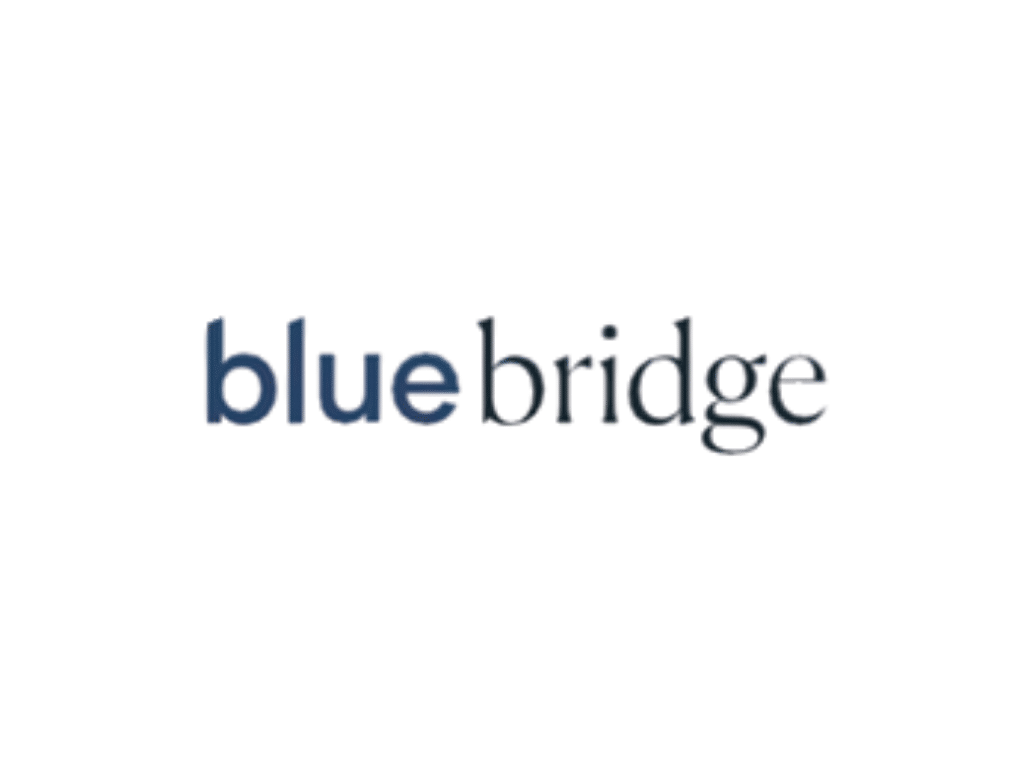 Bluebridge logo in lowercase, with “blue” in a darker blue tone and “bridge” in grey, set against a white background.