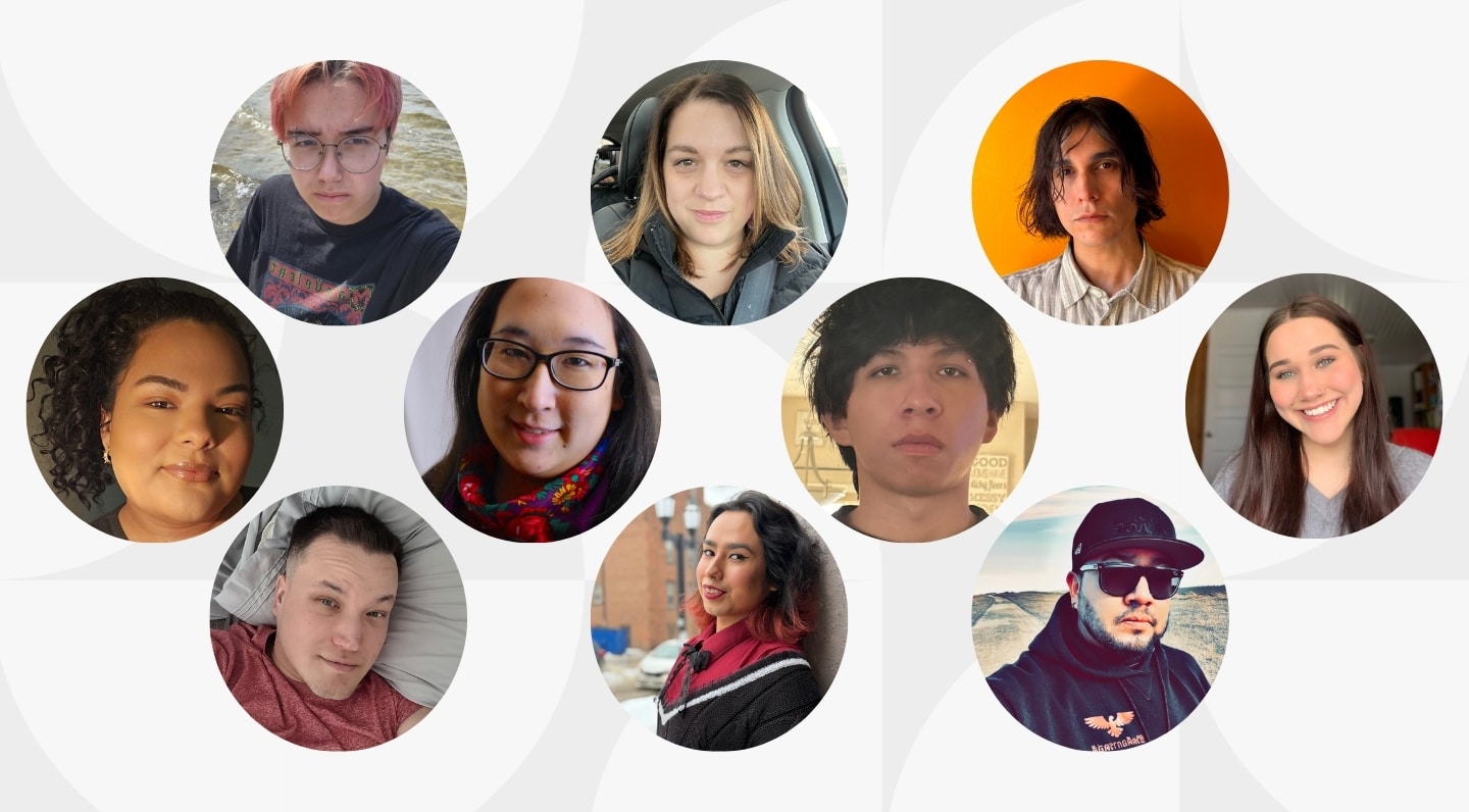 Collage of 10 circular headshots showing diverse participants, including men and women, arranged on a light grey background.