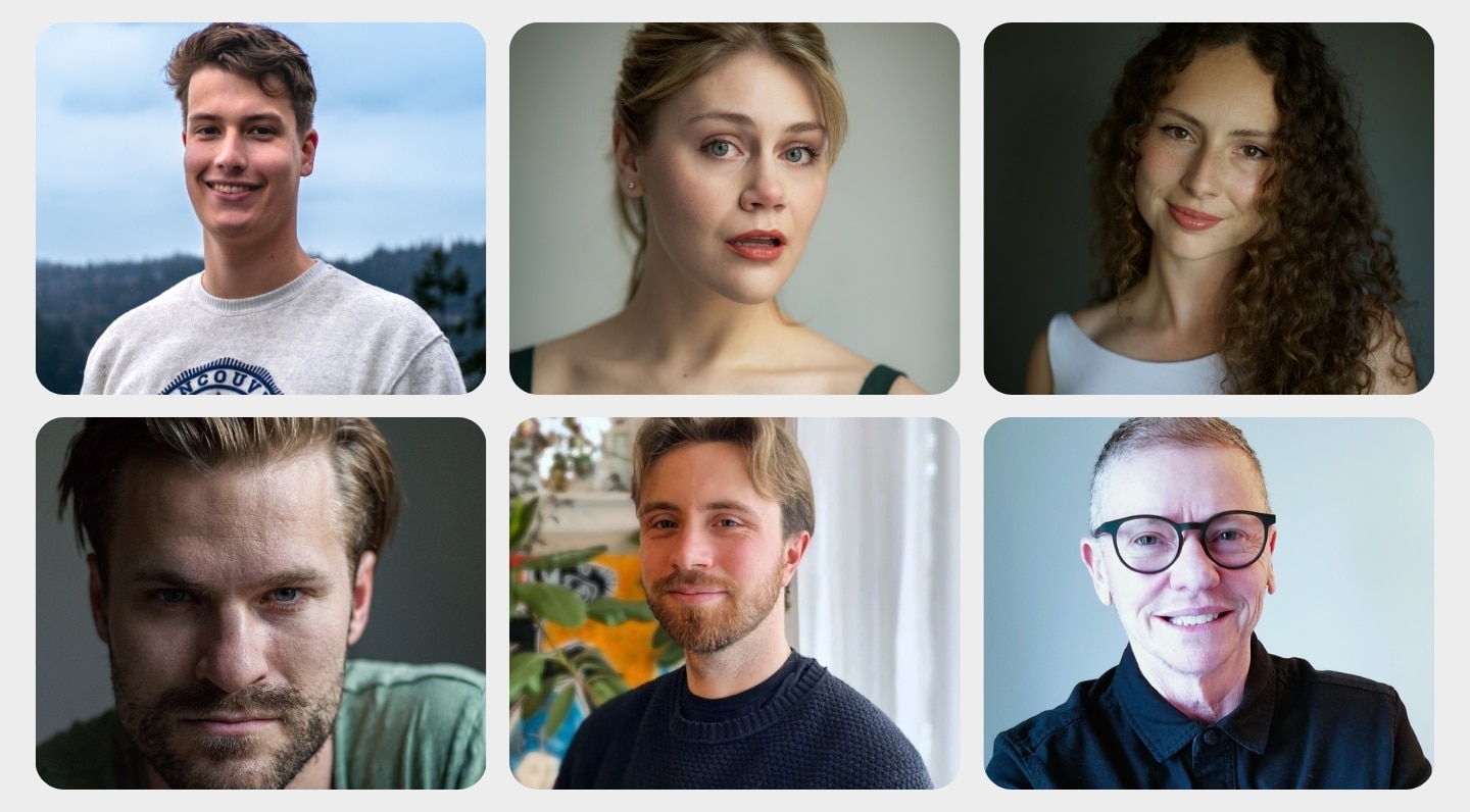 A collage of six headshots arranged in two rows of three, featuring a diverse group of individuals. The subjects include three men and three women or gender-diverse individuals, each photographed in a portrait style. Backgrounds vary from soft studio settings to natural outdoor scenery. Expressions range from warm smiles to more serious, attentive looks. Clothing is casual to semi-professional, including sweaters, a button-up shirt and simple tops. The overall composition presents a clean, modern set of professional portraits.