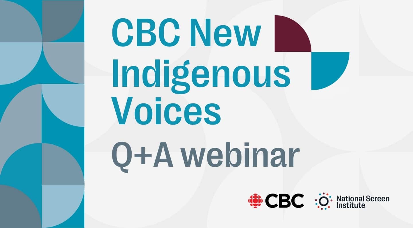 A clean, graphic title card for a webinar titled “CBC New Indigenous Voices Q+A webinar.” The text appears in large teal and grey lettering on a light grey background with subtle circular patterns. “CBC New Indigenous Voices” is prominently displayed in teal, with “Q+A webinar” below in grey. On the left side, a vertical teal panel features abstract geometric shapes in shades of teal and grey, including circles and semicircles arranged in a modern pattern. In the upper right, a maroon and teal circular design element echoes the geometric theme. At the bottom right of the image are the CBC logo, in red, and the National Screen Institute logo, featuring a circular multicolour mark followed by the organization’s name in black text. The overall design is modern and minimal, using a coordinated colour palette of teal, grey and maroon to create a professional webinar thumbnail.
