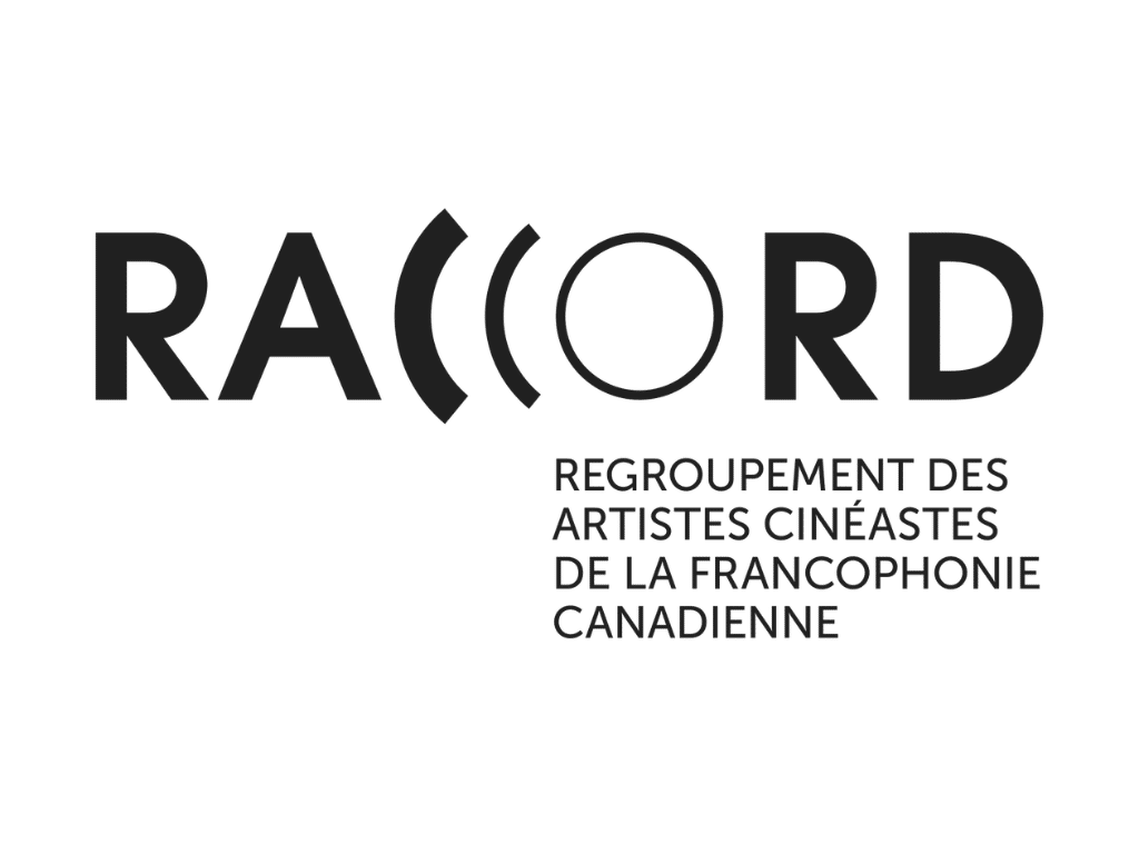 Black-and-white logo for RACCORD, featuring the word “RACCORD” in bold stylized lettering with two curved shapes forming the middle letters around a circular outline. Beneath and to the right, smaller uppercase French text reads: “REGROUPEMENT DES ARTISTES CINÉASTES DE LA FRANCOPHONIE CANADIENNE.”