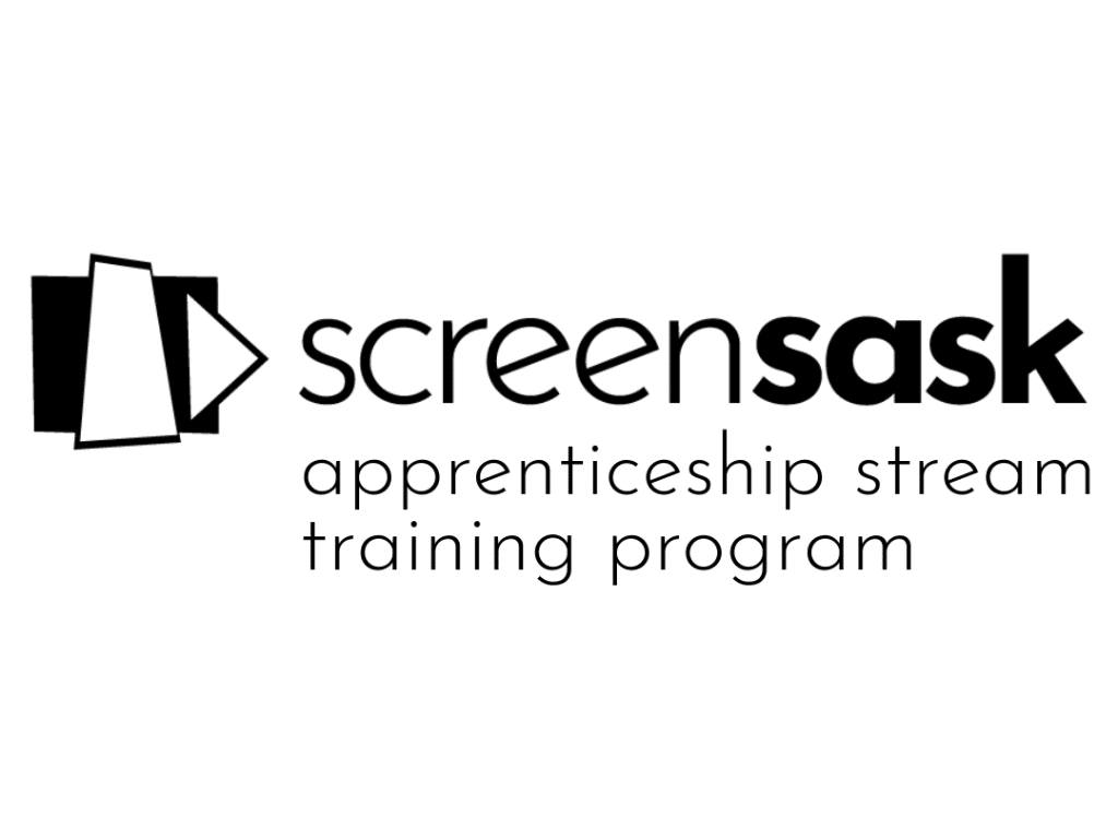 Black-and-white logo for “screensask apprenticeship stream training program.” The logo features a stylized geometric icon on the left resembling overlapping screens or panels with a triangular play-button shape, followed by the word “screensask” in bold lowercase lettering. Beneath it, in smaller lowercase text, reads “apprenticeship stream training program.”