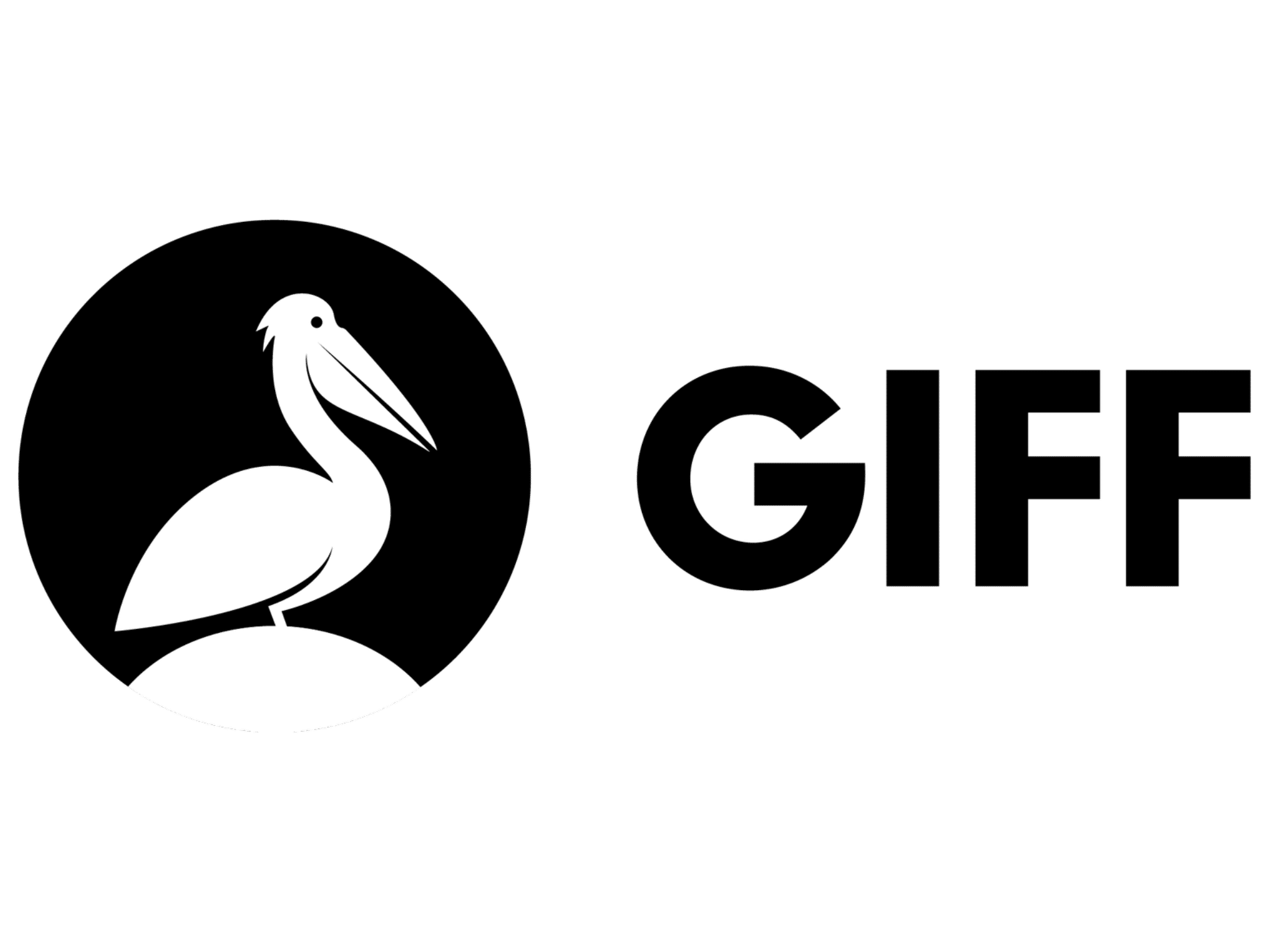 Black-and-white logo featuring a stylized pelican in white inside a solid black circle on the left. To the right, the word “GIFF” appears in large, bold, black uppercase letters on a light gray background. The overall design is simple, high-contrast, and modern.